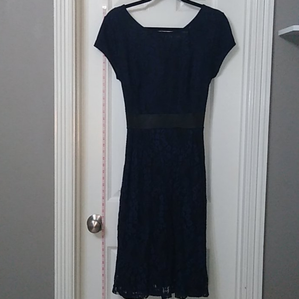 Black dress with blue lace overlay nwot short sleeve with bow tie waist